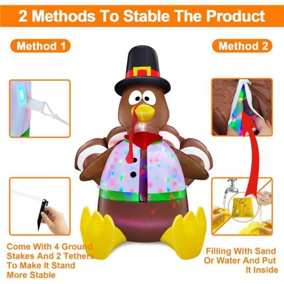 [ Colorful Rotating Lights ] 6 Ft Tall Thanksgiving Inflatable Turkey - Picture 3 of 7